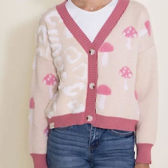 NWT Simply Southern Groovy Mushroom Cropped Cardigan for Women Cream Large - Picture 2 of 3